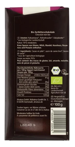 Alnatura Feine Bitter Schokolade 70% 2 Alnatura Feine Bitter Schokolade 70% – Bild 2