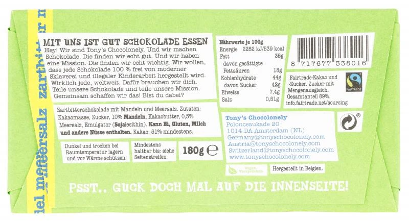 Tony's Chocolonely Zartbitterschokolade Mandel Meersalz 2 Tony's Chocolonely Zartbitterschokolade Mandel Meersalz – Bild 2