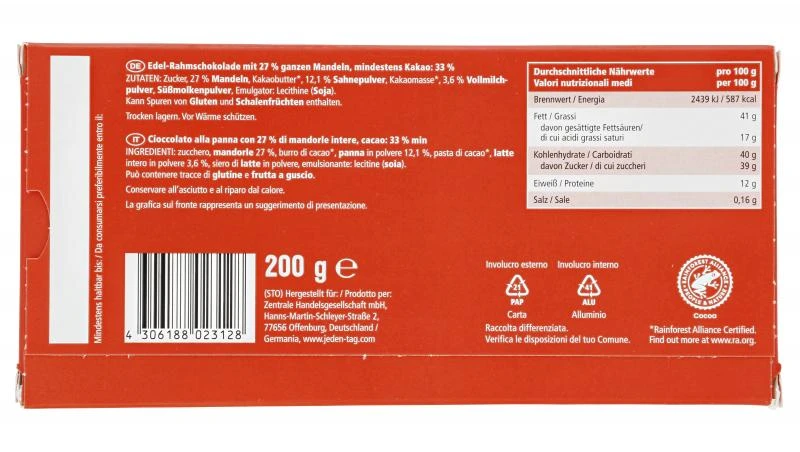 Jeden Tag Edel-Rahm Mandel Schokolade 2 Jeden Tag Edel-Rahm Mandel Schokolade – Bild 2